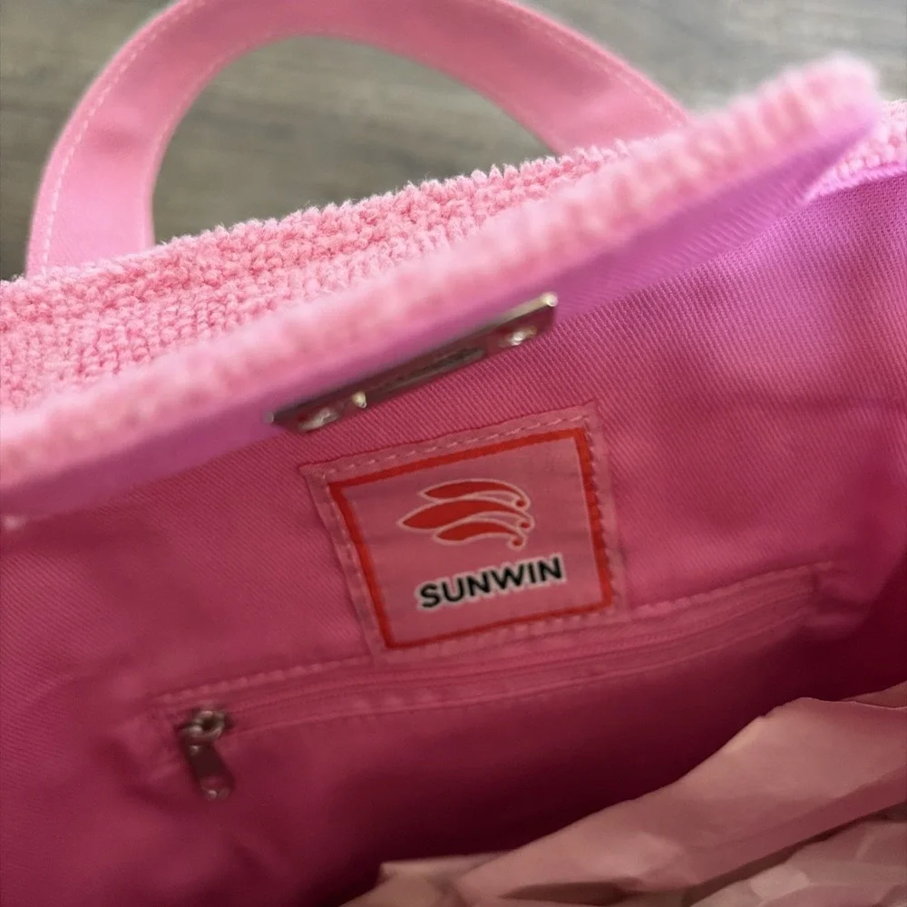 SUNWIN RARE Pink & Green Terry‎ Cloth Small Boatkin style Tote Bag.